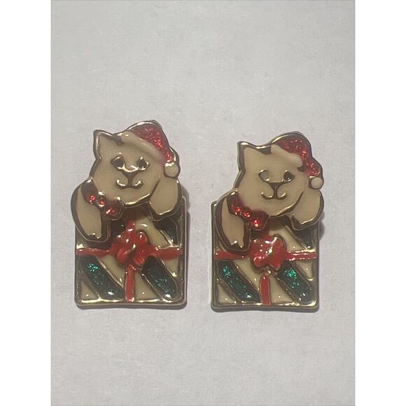 Lot Of 4 Vintage Enamel Christmas Holiday Earrings Cats Snowman Gingerbread Man - Picture 10 of 11